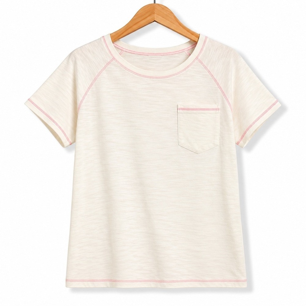 Belle Body Kim Gravel Large Cream Slub Knit Pop of Color Topstitched Top A691863